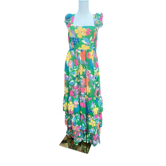 Green Floral Chiffon Sleeveless Ruffle Maxi Dress Feminine cottage core Sz L - Picture 4 of 14